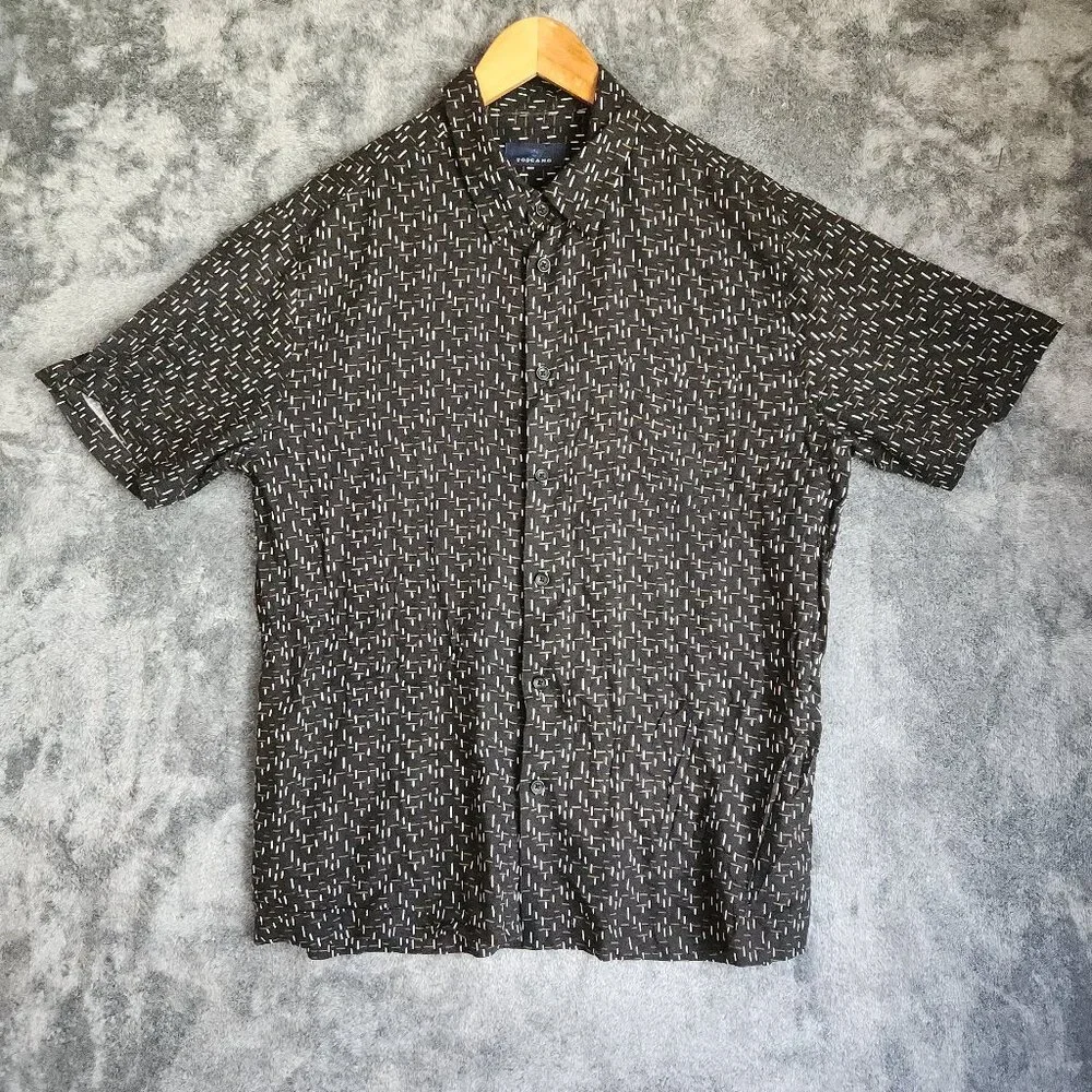Toscano Silk Blend Men's Button Up Shirt Short Sleeve Large Black EUC Geometric - Picture 2 of 10
